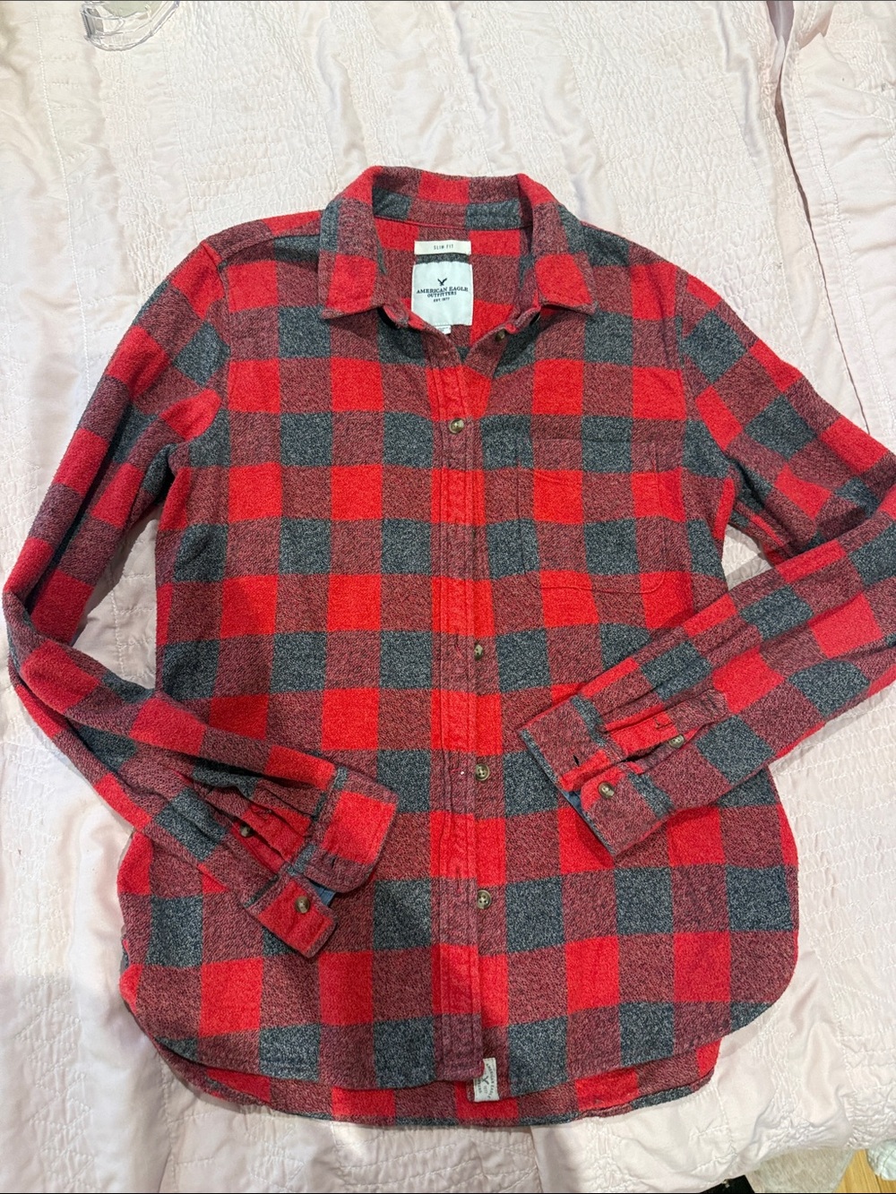 American Eagle Outfitters Red & Gray Buffalo Plaid Flannel Shirt slim fit
